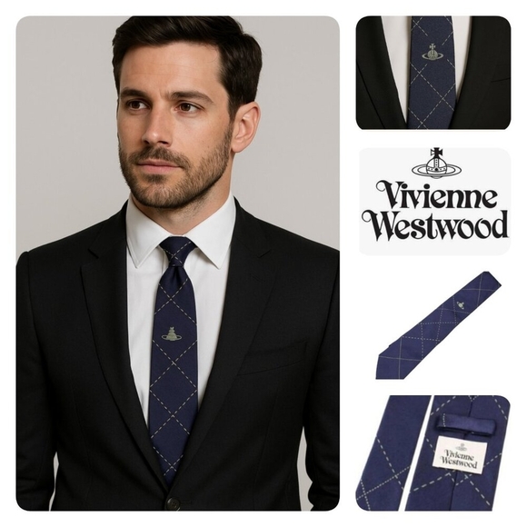 Vivienne Westwood Necktie Navy Blue skull Silk100% Made In Italy Tip - Picture 1 of 10